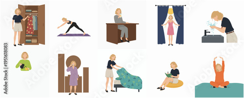 Flat Style Daily Life Activity Illustration of a Woman and her Routine