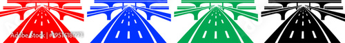 Highway overpass red blue green and black perspective view with lanes