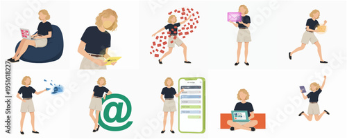 Flat Illustration Set of Young Woman in Different Poses and Activities