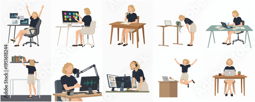 Flat Illustration Set of Woman Working From Home in Different Activities