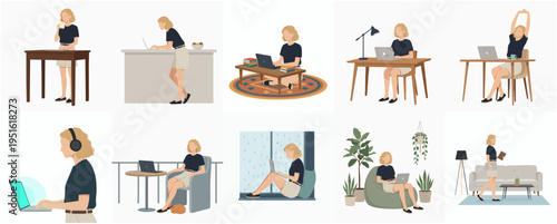 Flat Style Diverse Woman Working From Home Illustration Lifestyle Set