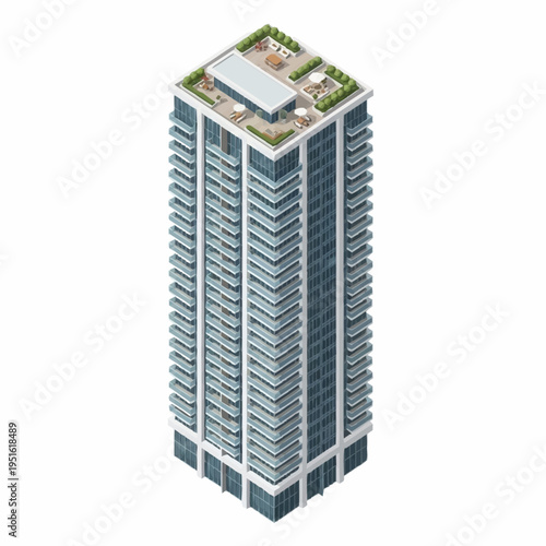 Modern High-Rise Residential Apartment Building with Balconies and Rooftop Amenities.