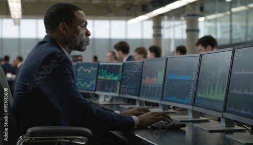 Medium shot of a dealer in a large financial institution analyzing monitors foreground sharp on key trade data while surroundings remain out of focus.