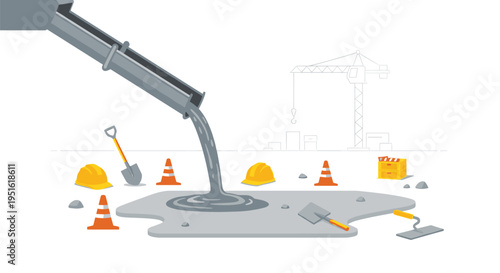 Concrete is poured from a chute onto the ground, surrounded by construction tools and a faint crane outline.