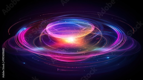 Abstract swirling light forms.  A vibrant display of concentric rings and glowing orbs, creating an ethereal and dynamic visual experience