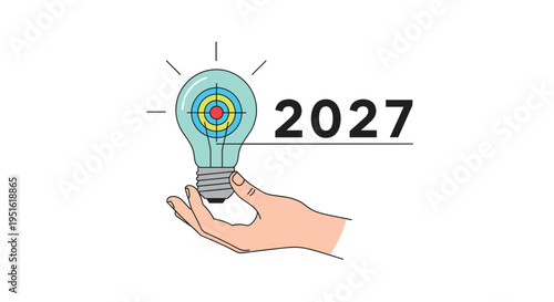 A hand holds a lightbulb with a target symbol inside, next to the number 2027.