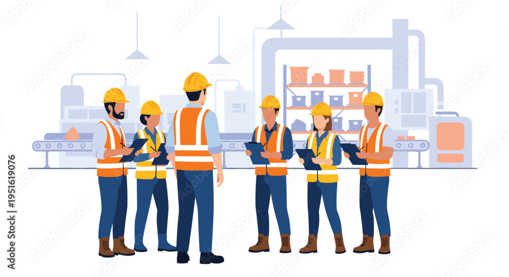 Obraz premium Seven factory workers in hard hats and vests are gathered in a discussion within an industrial setting.