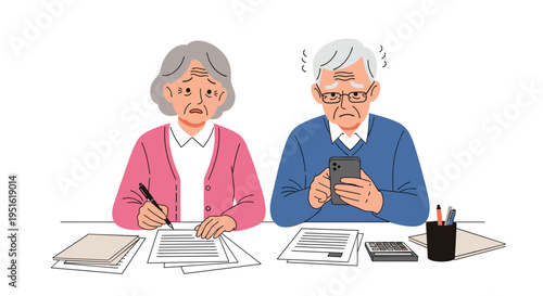 A worried elderly couple is sitting at a desk with paperwork, with the woman writing and the man checking his smartphone.