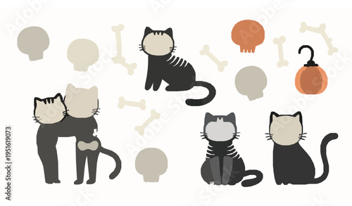 Cute Halloween Skeleton Cats and Skulls Cartoon Vector Set