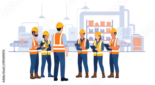 Seven factory workers in hard hats and vests are gathered in a discussion within an industrial setting.