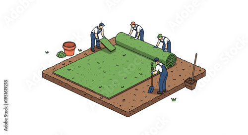 Four workers are laying down rolls of green sod onto a square patch of brown earth.