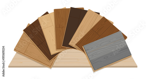 A fanned arrangement of ten different wood flooring samples is displayed on a light wooden surface.