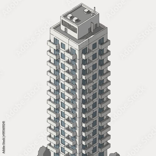 Modern High-Rise Apartment Building with Balconies.