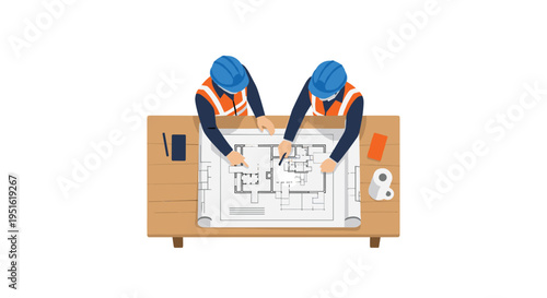 Two construction workers in hard hats and vests examine a blueprint on a wooden table.