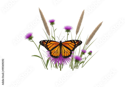 Butterfly perched delicately on blooming purple wildflowers in a sunny meadow