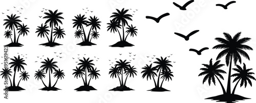 Tropical island vector illustration with palm trees, flying birds, black silhouette design, exotic landscape art, summer vacation decorative scene