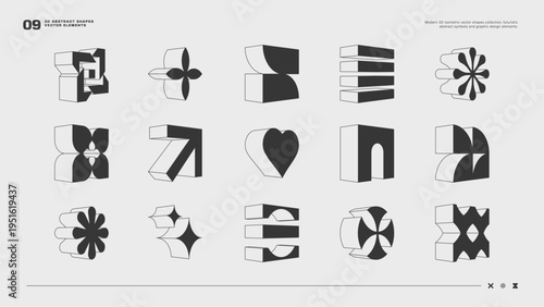 Modern 3D isometric vector shapes collection, futuristic abstract symbols and graphic design elements.