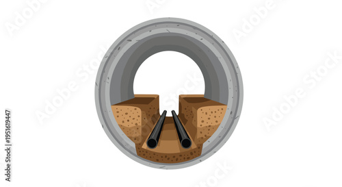 A cross-section illustration shows two black pipes embedded in an earthy trench inside a large concrete pipe.