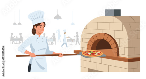 A smiling female chef in a white uniform is placing a pizza into a brick oven with a wooden peel in a restaurant kitchen.