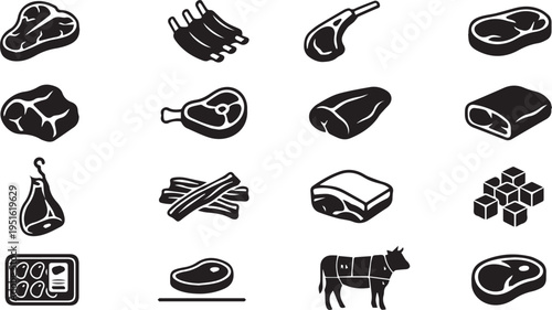 Raw Fresh Qurbani Meat Cuts And Butcher Shop Icon Set