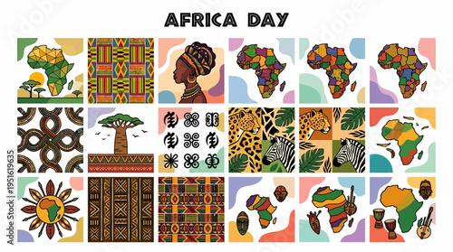 Africa Day Celebration Banner with Map, Patterns, and Wildlife