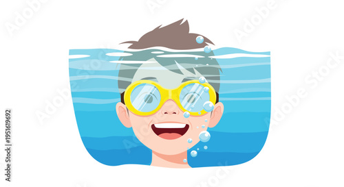 A smiling child's head is partially submerged in blue water, wearing yellow swimming goggles, with air bubbles rising.