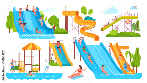 Collection of fun water park slides with people enjoying summer recreation, colorful pools, palm trees and outdoor activities"