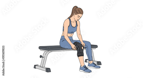 A young woman in athletic wear adjusts a black knee brace while sitting on a weight bench.
