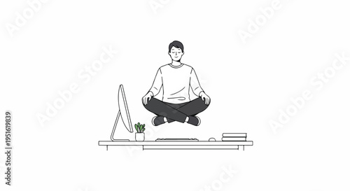 Man meditating and levitating above a desk with computer, symbolizing work-life balance and mental well-being