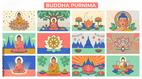 Buddha Purnima Collection: Meditating Buddha, Lotuses, Temples, Dharma Wheel