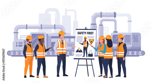 A diverse group of six factory workers attends a SAFETY FIRST presentation in an industrial setting.