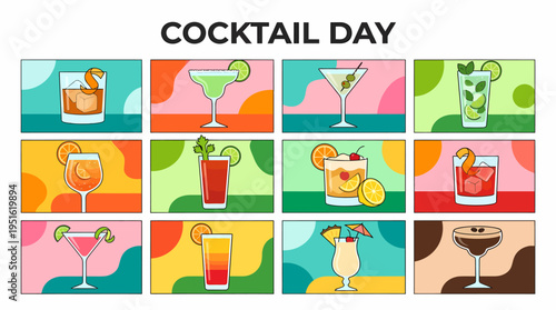Cocktail Day celebration: Assorted colorful drinks in glasses