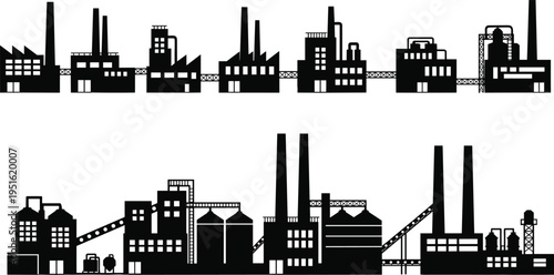 Industrial factory skyline silhouette collection with manufacturing plants, smokestacks, pipelines and warehouses isolated on white background, black vector illustration for heavy industry