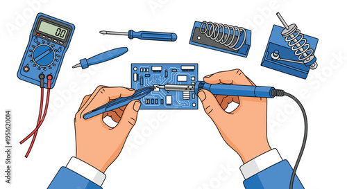 Hands use a soldering iron and tweezers to work on a blue circuit board surrounded by electronic tools on a white surface.
