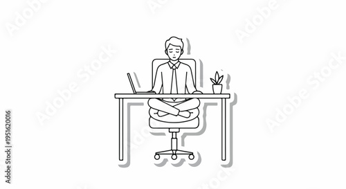 Man meditating in lotus position at desk with laptop, calm office worker finding inner peace during work day