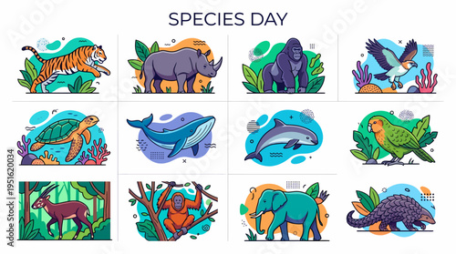 Diverse Wildlife Species Day Illustration