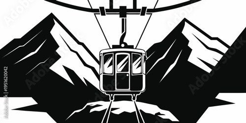 ki lift gondola moving over snowy mountains. Black and white vector illustration of cable car, winter sports resort and outdoor travel concept.