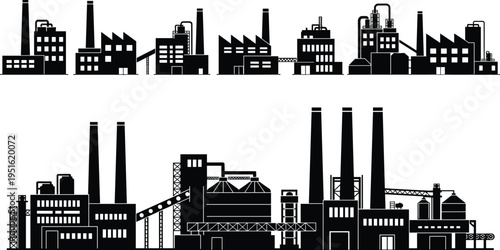 Industrial factory skyline silhouette set featuring power plants, manufacturing buildings, chimneys and pipelines isolated on white background