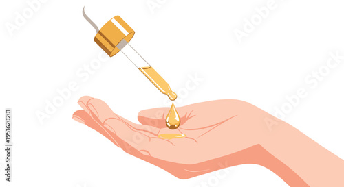 A golden liquid drop falls from a dropper onto an open palm against a white background.