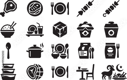 Eid Ul Adha Qurbani Meat Dinner And Islamic Feast Icon Set