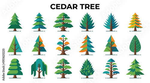 Flat Design Cedar Trees Collection Vector Icon Set