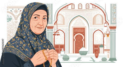 An elderly Muslim woman in a blue hijab holds prayer beads in front of an ornate mosque interior.