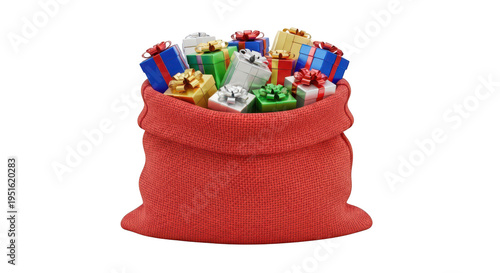 A festive sack filled with colorful wrapped holiday gifts and candy canes.