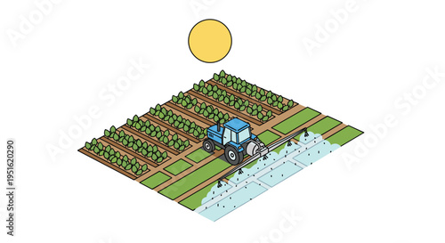 A blue tractor sprays crops in an isometric farm field under a yellow sun.