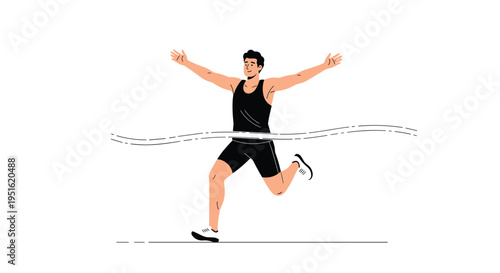 A male runner in a black tank top and shorts crosses a finish line with his arms outstretched in victory.