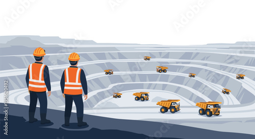 Two male miners in hard hats and safety vests stand on a ridge overlooking a vast open-pit mine with many dump trucks.