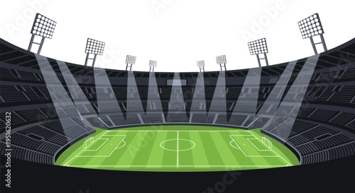 An empty football stadium with green turf and dark gray stands is illuminated by multiple light towers.