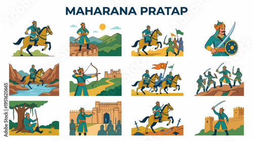 Maharana Pratap historical illustrations, warrior, king, India