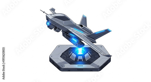Futuristic spaceship model displayed on a glowing hexagonal platform, showcasing advanced technology.