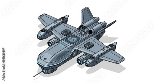 Isometric illustration of a futuristic aircraft with advanced technology and design.